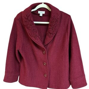Appleseed’s Petites Boiled Wool Deep Rose Floral Jacket  Cardigan Sweater PXL